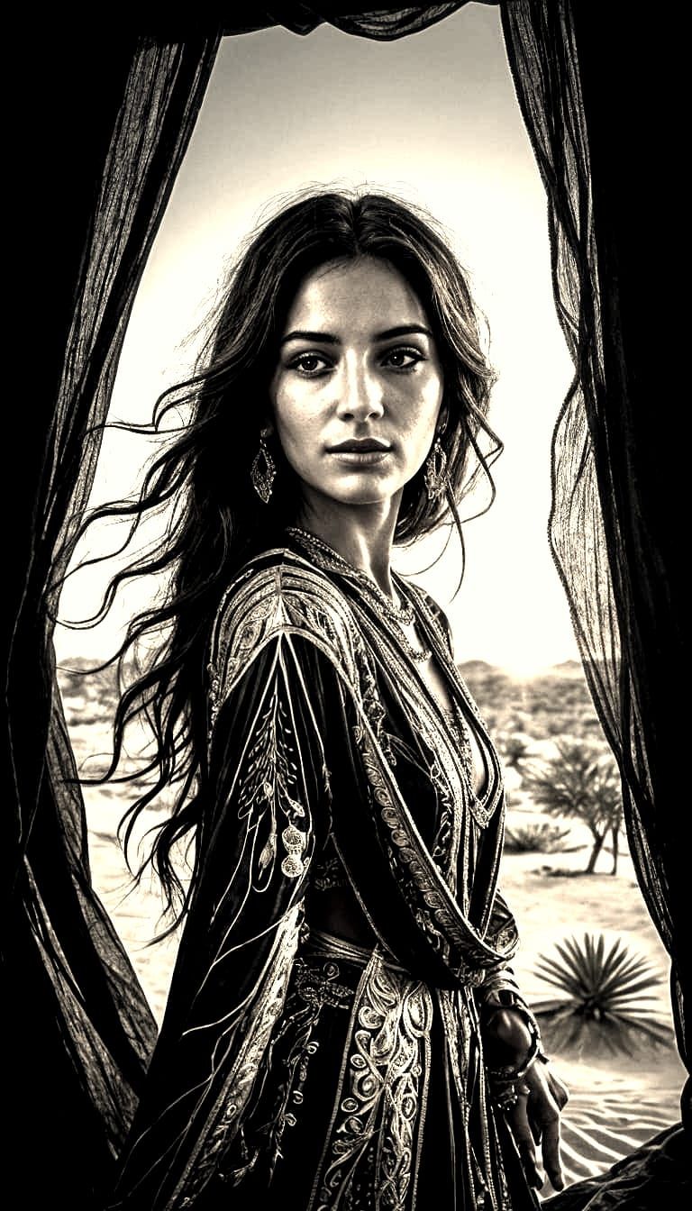 Black and white Potrait of a Gypsy woman in a dessert dawn