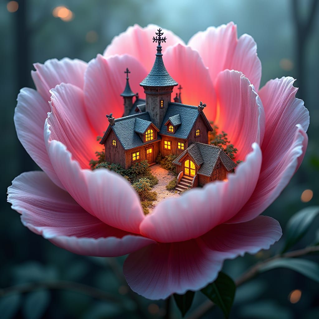 Glowing Peony Hides Tiny Faerie Village
