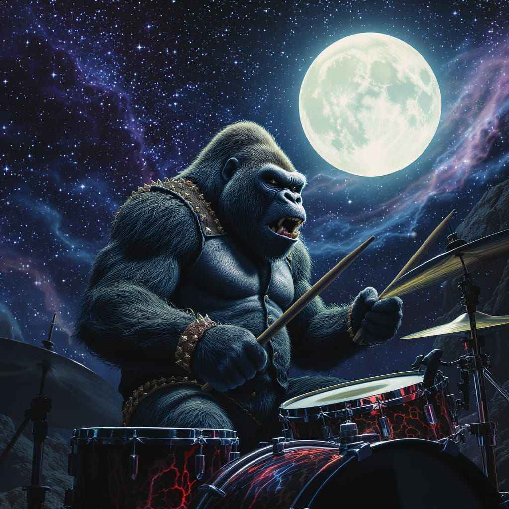 Gorilla Drummer Under Full Moon in Cosmic Sky