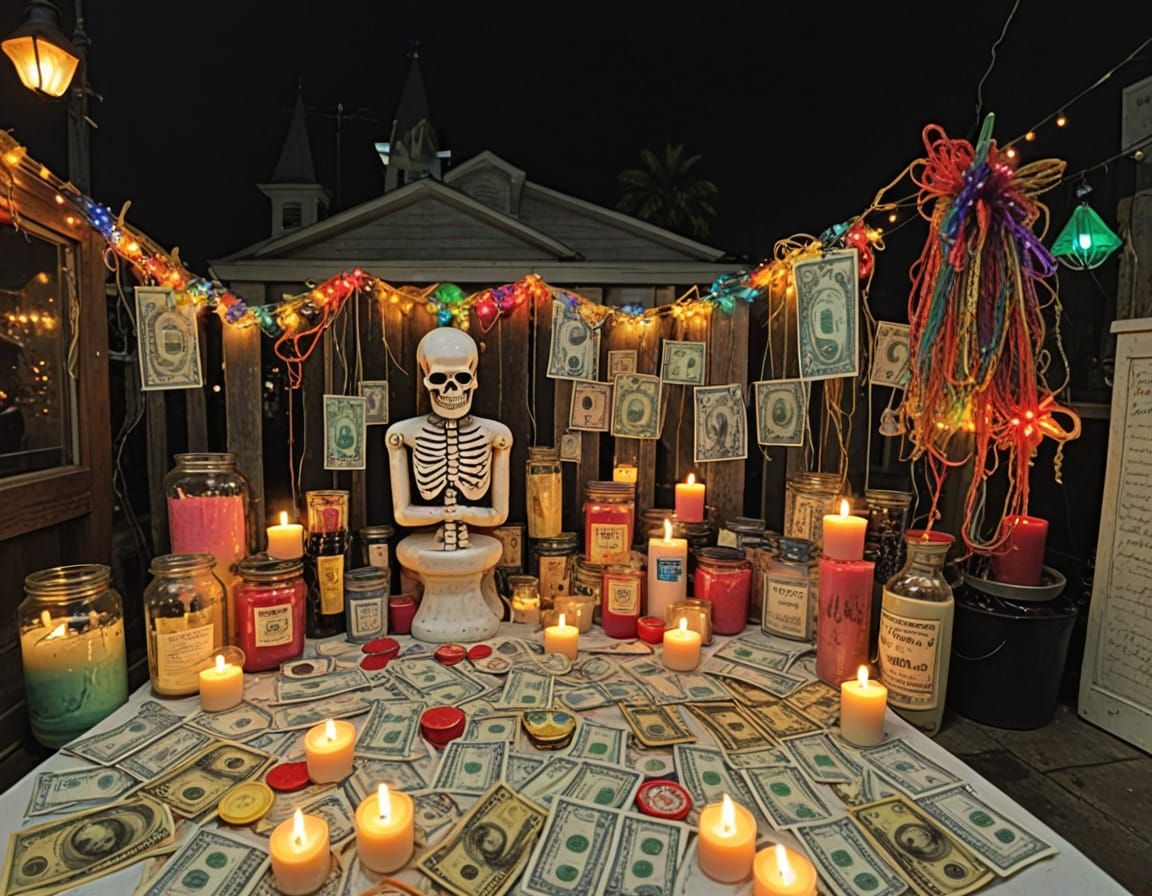 Voodoo Altar in New Orleans Style with Vibrant Lights