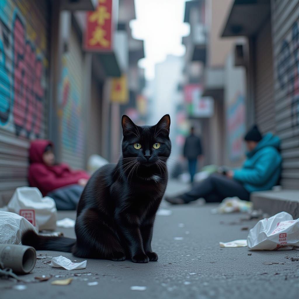 Vibrant Dark Cat in Gritty Cinematic Street Scene