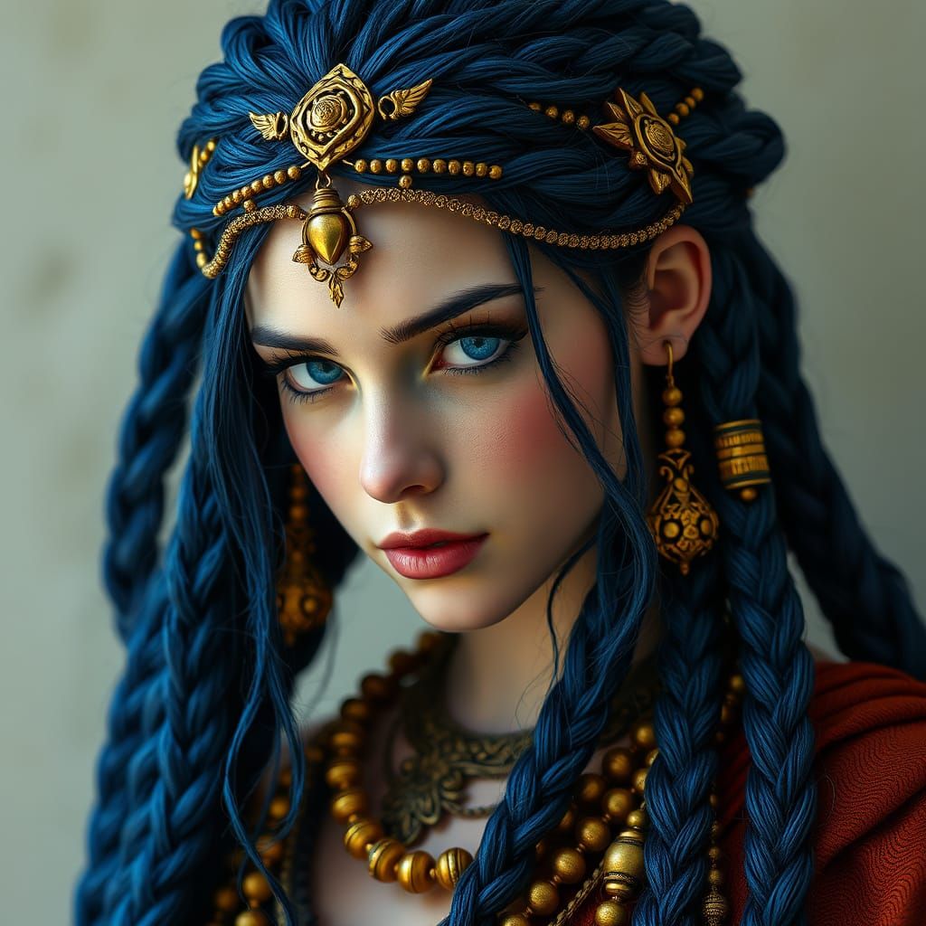 Regal Celtic Warrior Goddess in Deep Blue Braids