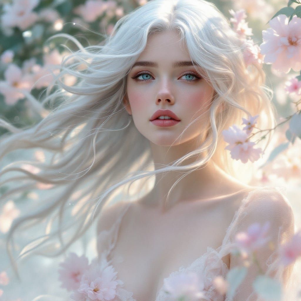 Serenely Elegant Woman in Soft Pastel Dreamworld