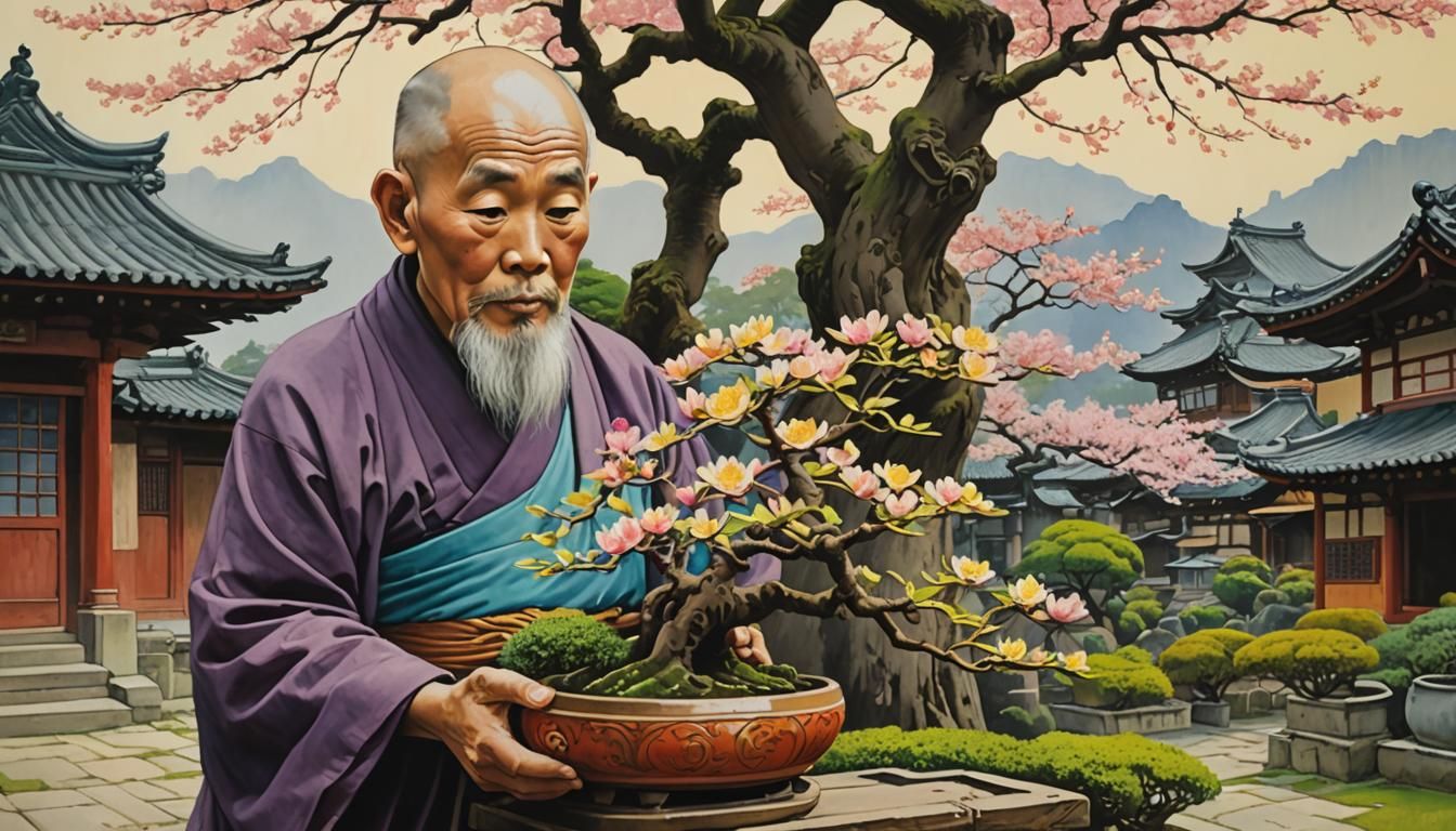 Gouache Painting of Wise Japanese Monk with Bonsai