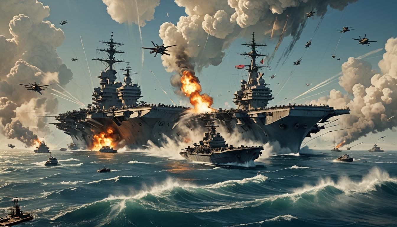 Damaged Aircraft Carrier in Stormy Seas, Low-Poly Art