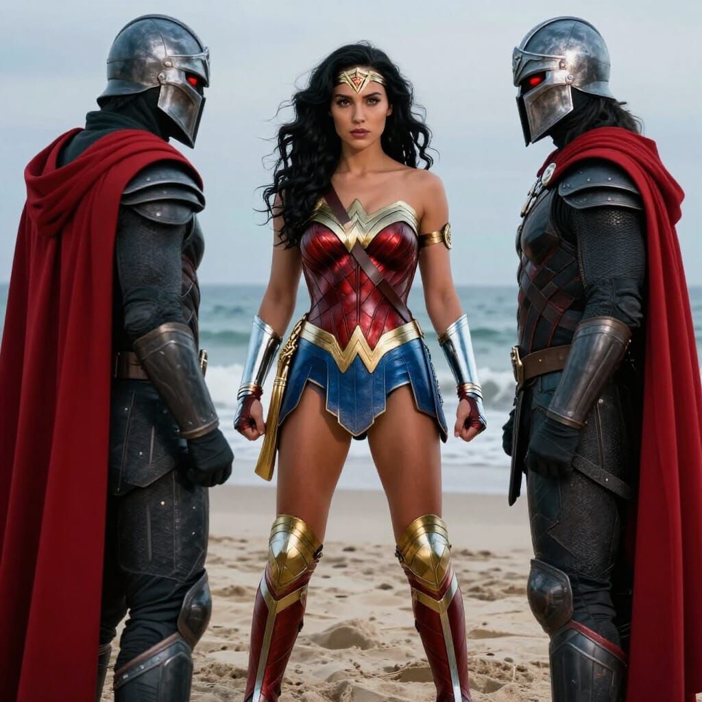 Wonder Woman Faces Dark Warrior on Beach in Cinematic Lighti...