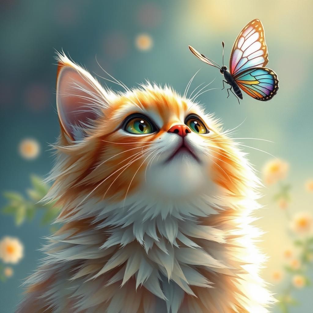 A cute cat looks up towards the beautiful butterfly.