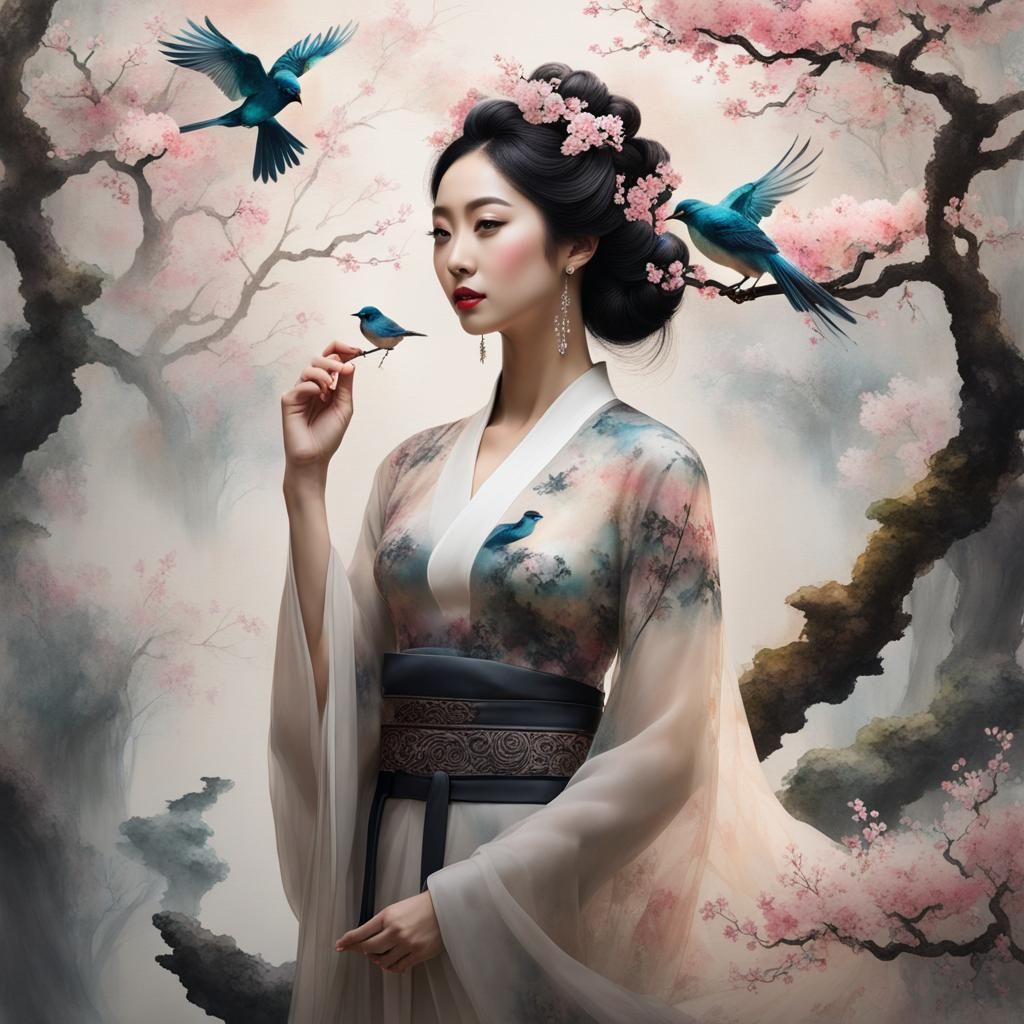 Goddess with Blossoms: Chinese Ink Painting Style