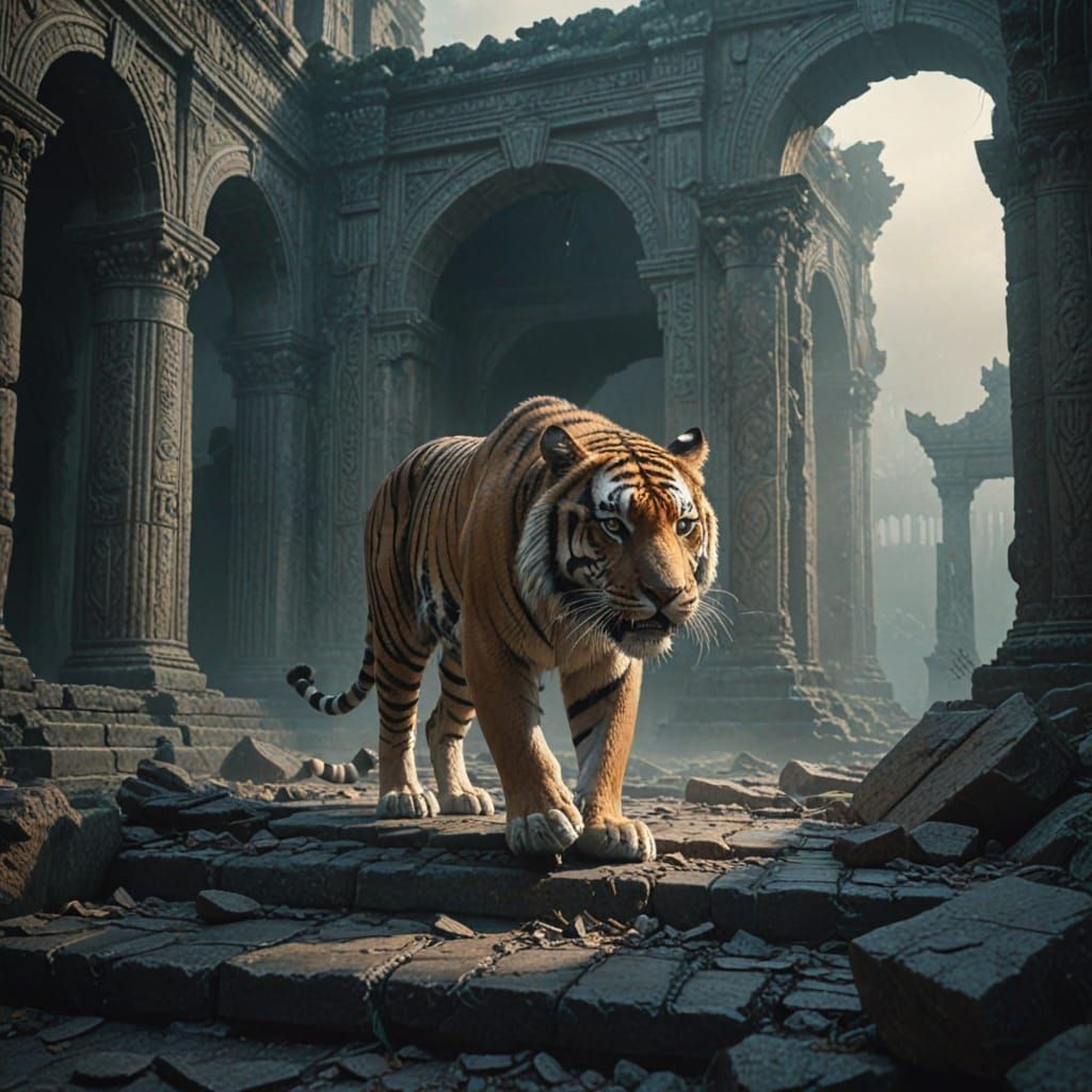 Colossal Tiger Roams Ancient Ruins in Ethereal Light