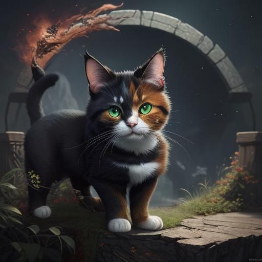 Cute Calico Cat in Detailed Fantasy Art