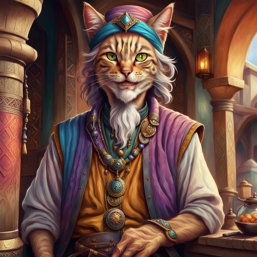 Cat-Human Merchant in Dungeons and Dragons Art Style