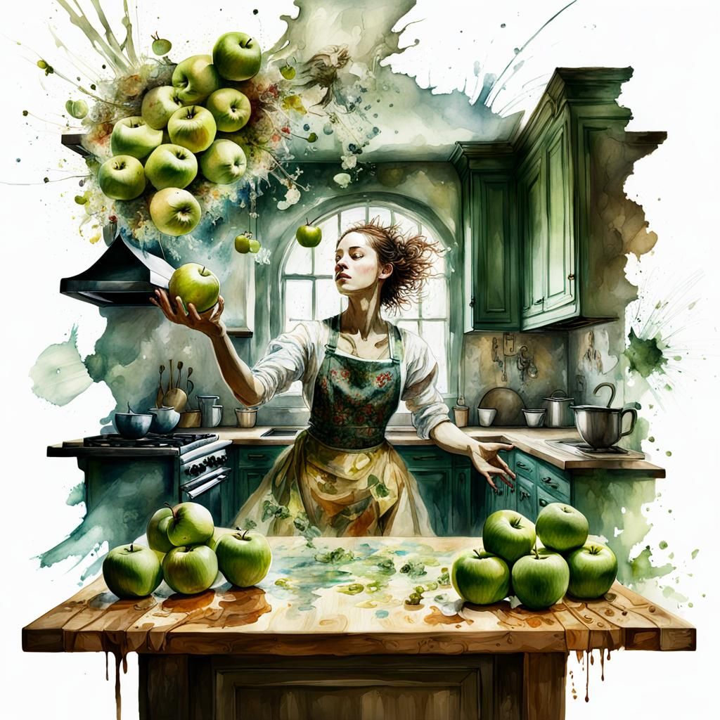 Surreal Kitchen with Juggling Girl, Digital Watercolor
