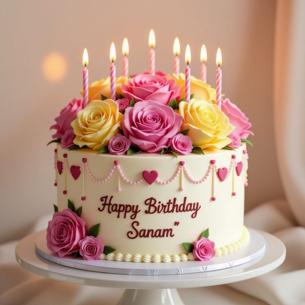 3D Birthday Cake with Pink Roses and Candles