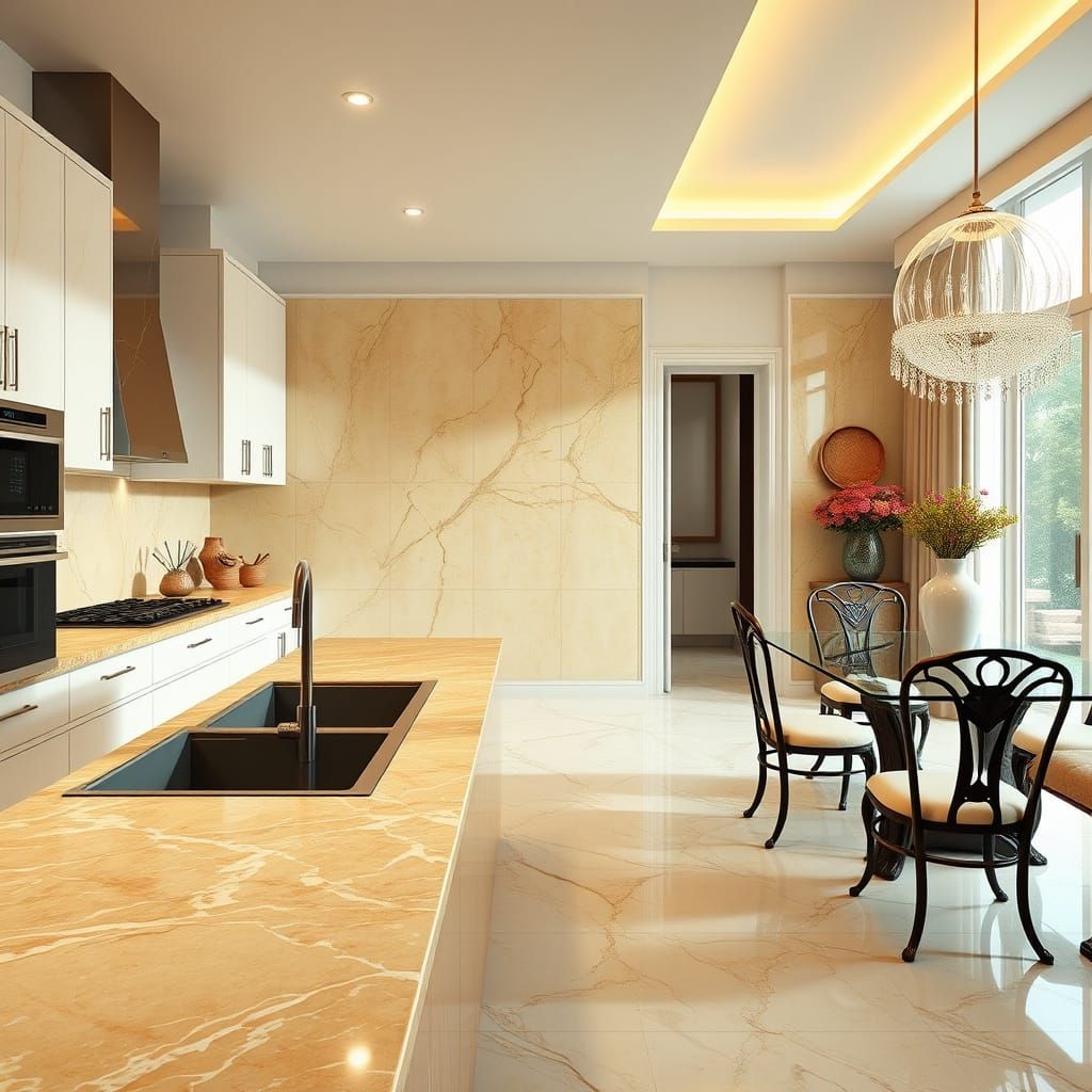 Elegant Kitchen with Marble and Glass in 3D Render