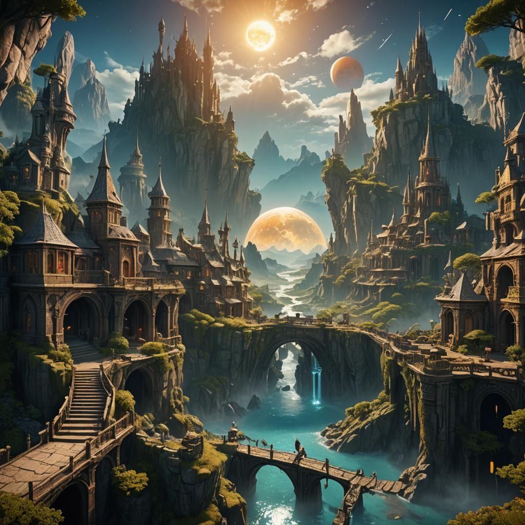 Fantastical Landscape with Two Moons and Shining Sun