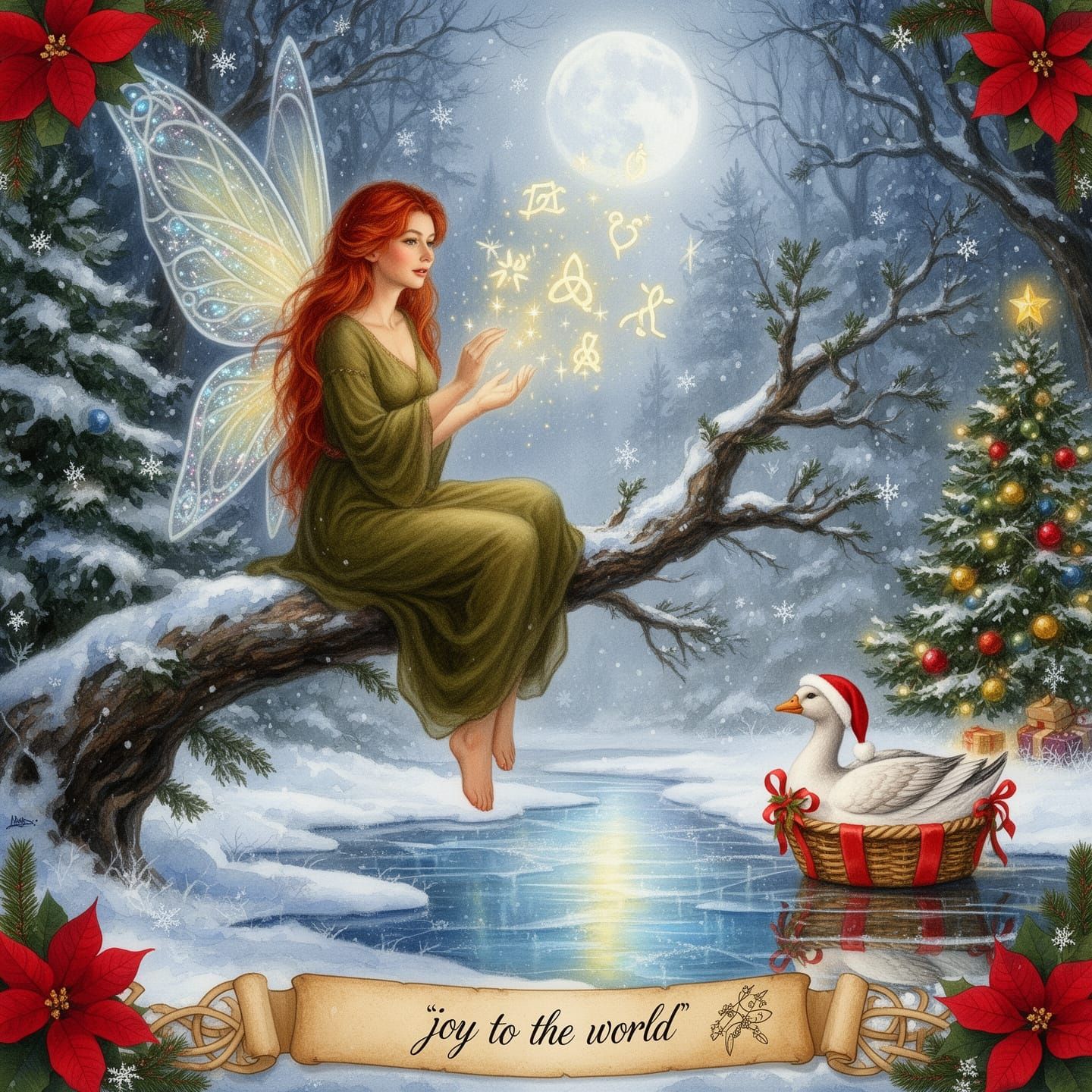 Celtic Christmas Pixie Creating Magic in Snowy Forest