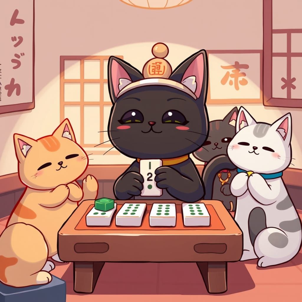 Chibified thoughtful looking black cat playing Mahjong with 3 other kawaii cats かわいい猫族