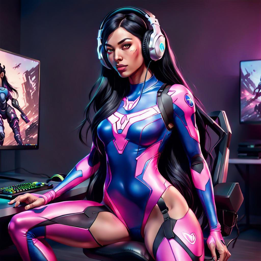 Latina Gamer Girl Plays Xbox in Dva Bodysuit