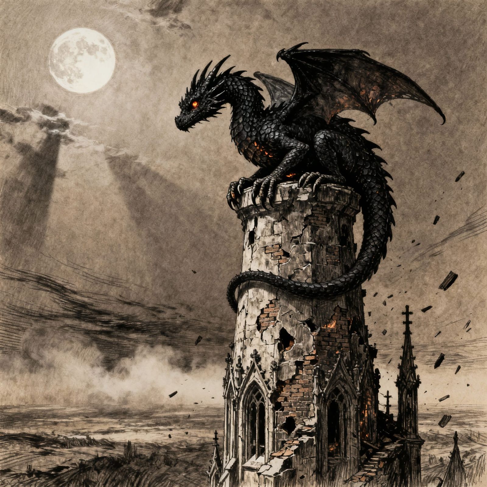Ancient Obsidian Dragon on Gothic Castle Spire
