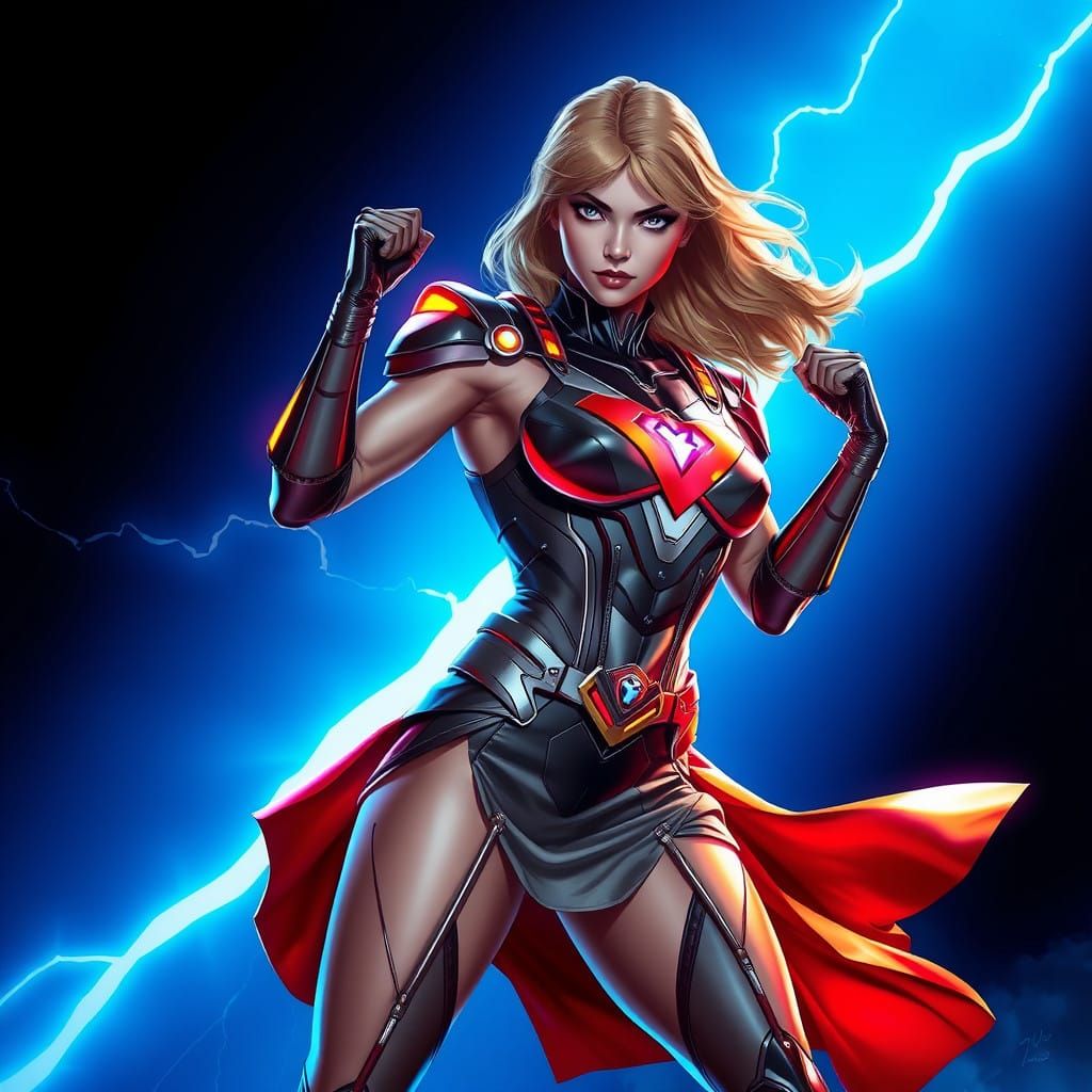 Heroic Superheroine in Metallic, Neon Cyberpunk Attire