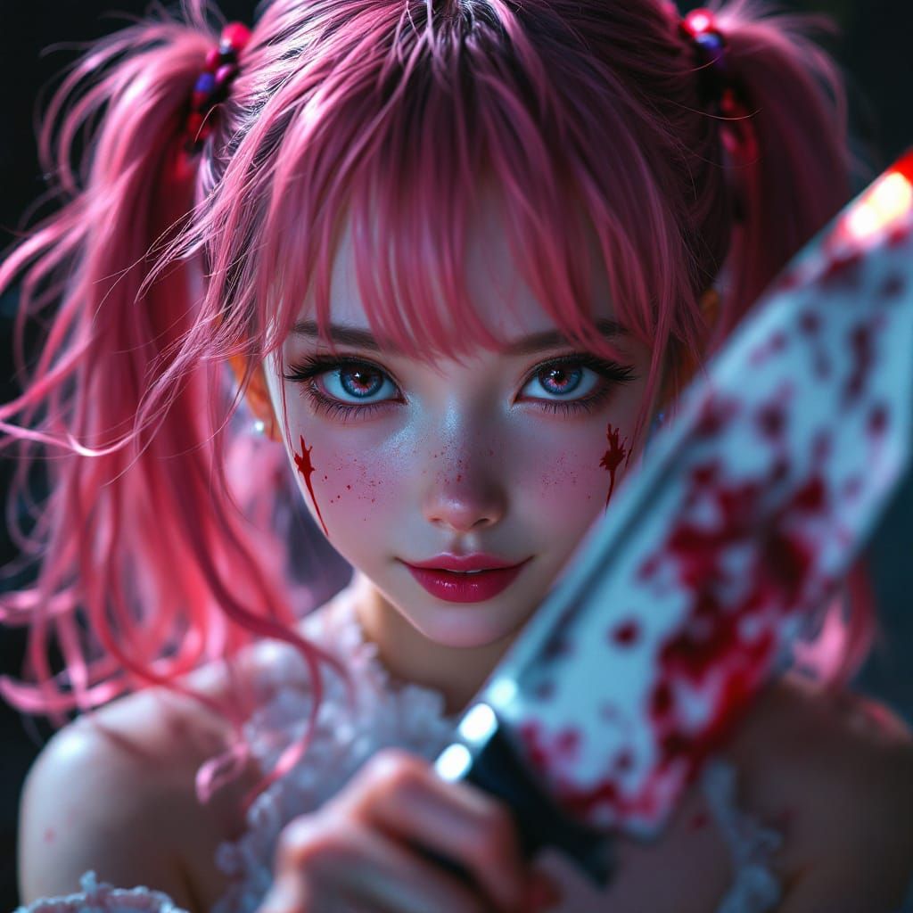 Yuno Gasai Anime-Realism Portrait with Blood-Stained Knife