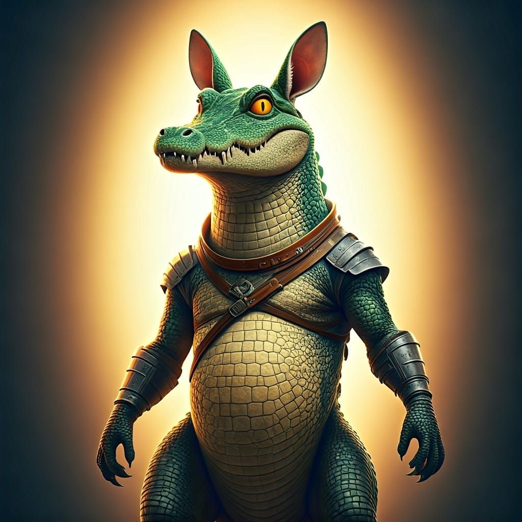 Heroic Crocodile-Kangaroo Hybrid in 3D Digital Art