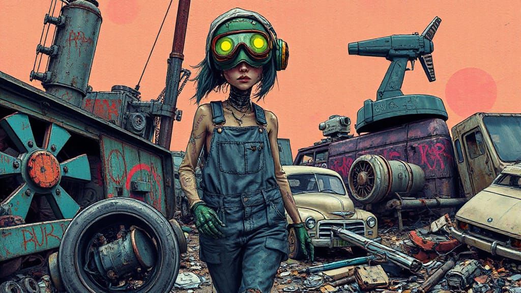 Gritty Robot Girl Collects Scrap in Dystopian Junkyard