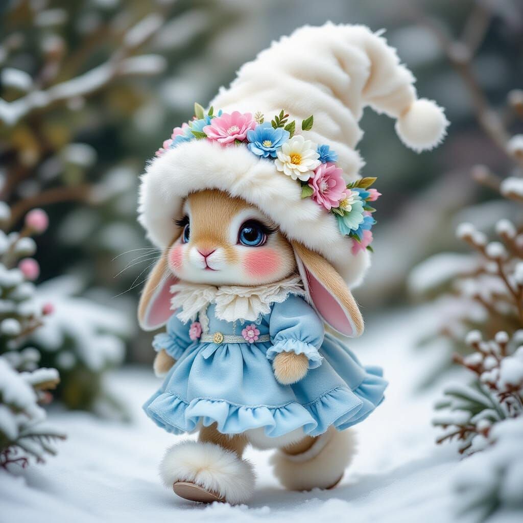 Gnomemaid Rabbit in Fluffy Winter Garden Attire