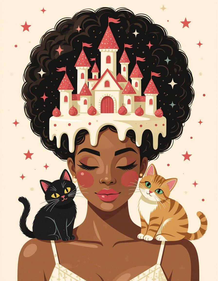 Panna Cotta Castle Hairstyle with Kitten, Abstract Art