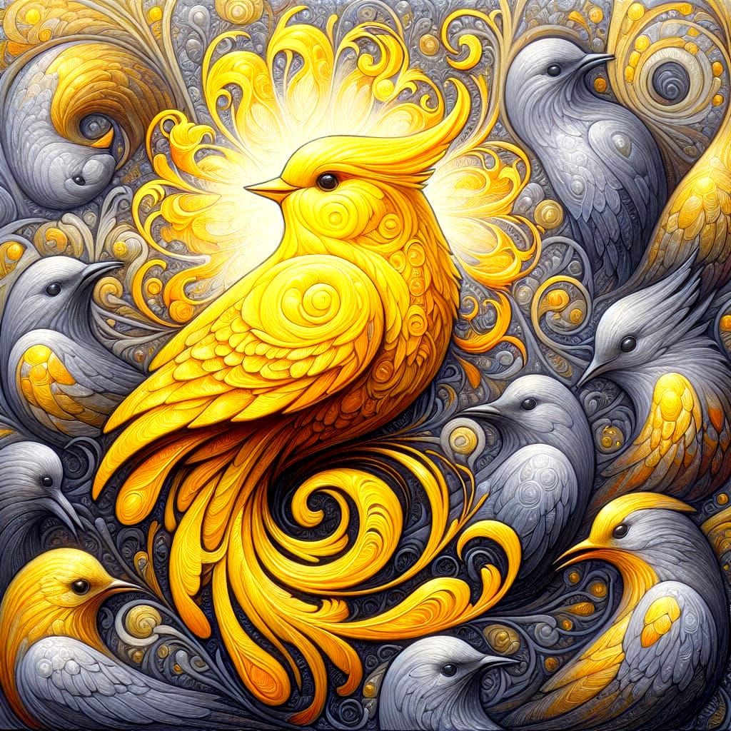 Vibrant Yellow Bird in Art Nouveau Style