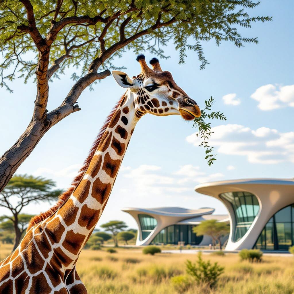 Photorealistic Giraffe Eating in Futuristic Zoo