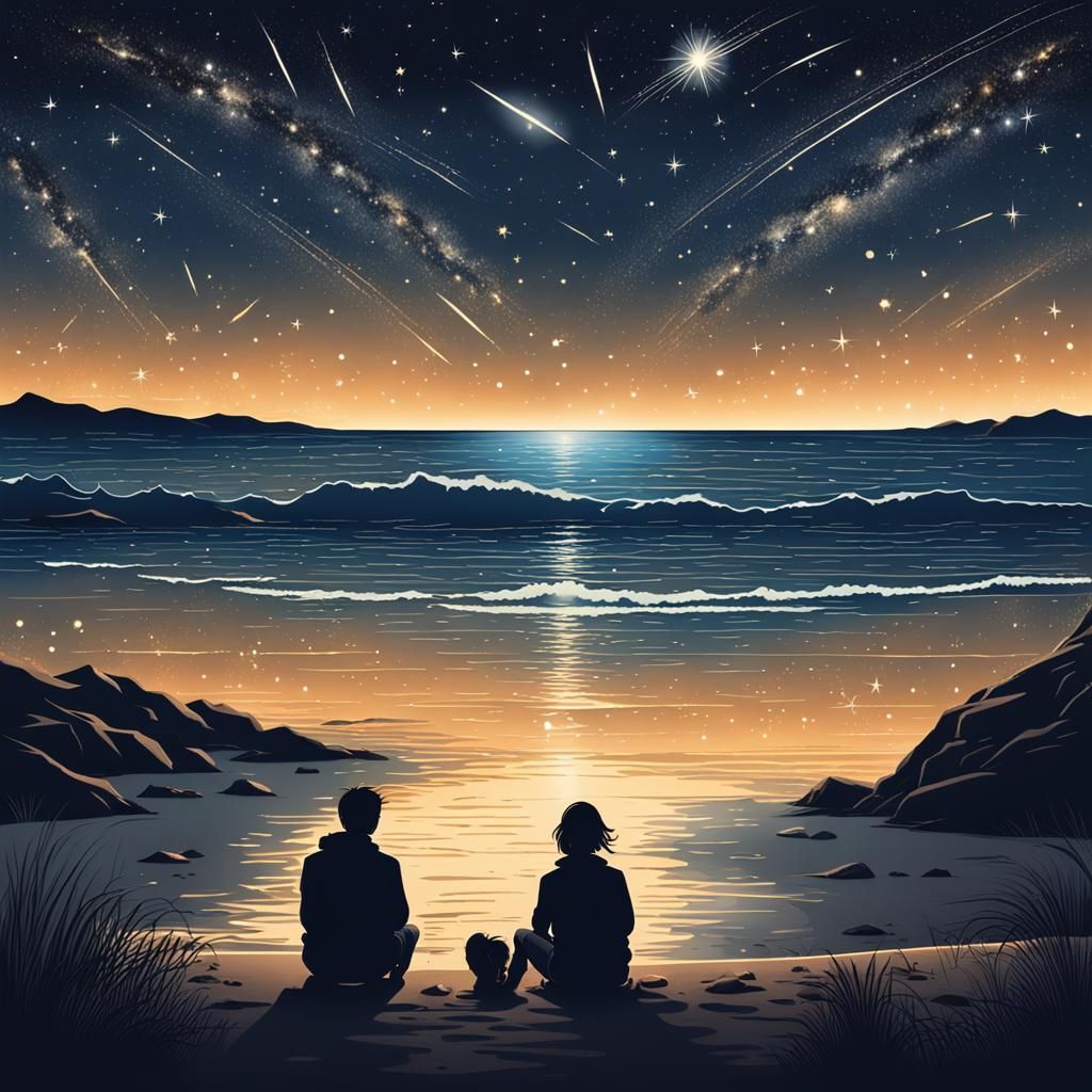 Romantic Beach Scene with Shooting Stars