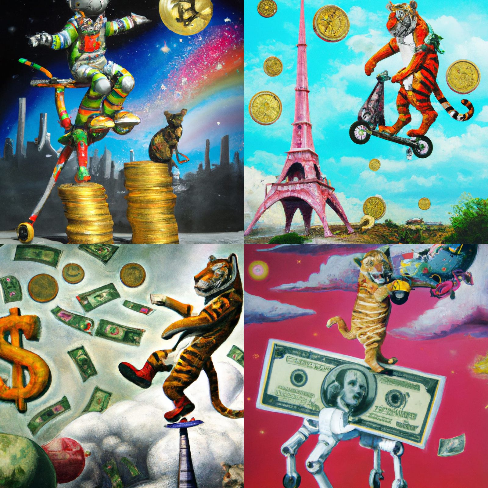 Surreal Tiger on Unicycle with Spaceship, Banksy Style