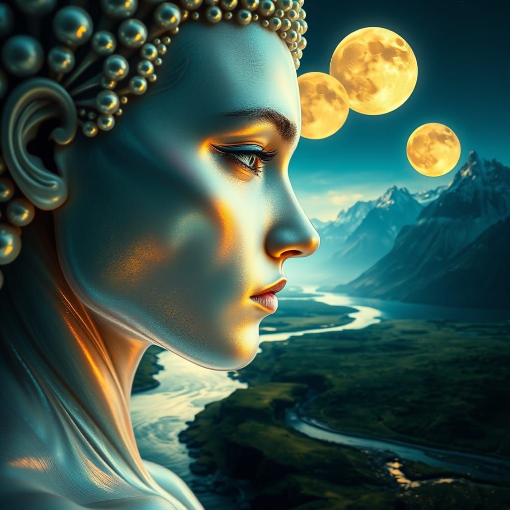 Majestic Being in Iridescent Skin, Amidst Fantastical Landsc...