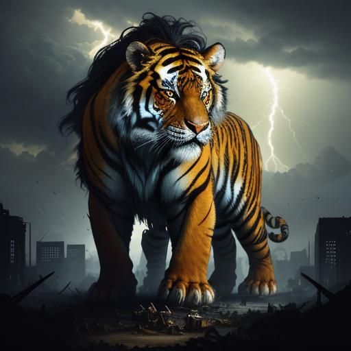 Colossal Two-Tailed Dire Tiger in Lightning Storm