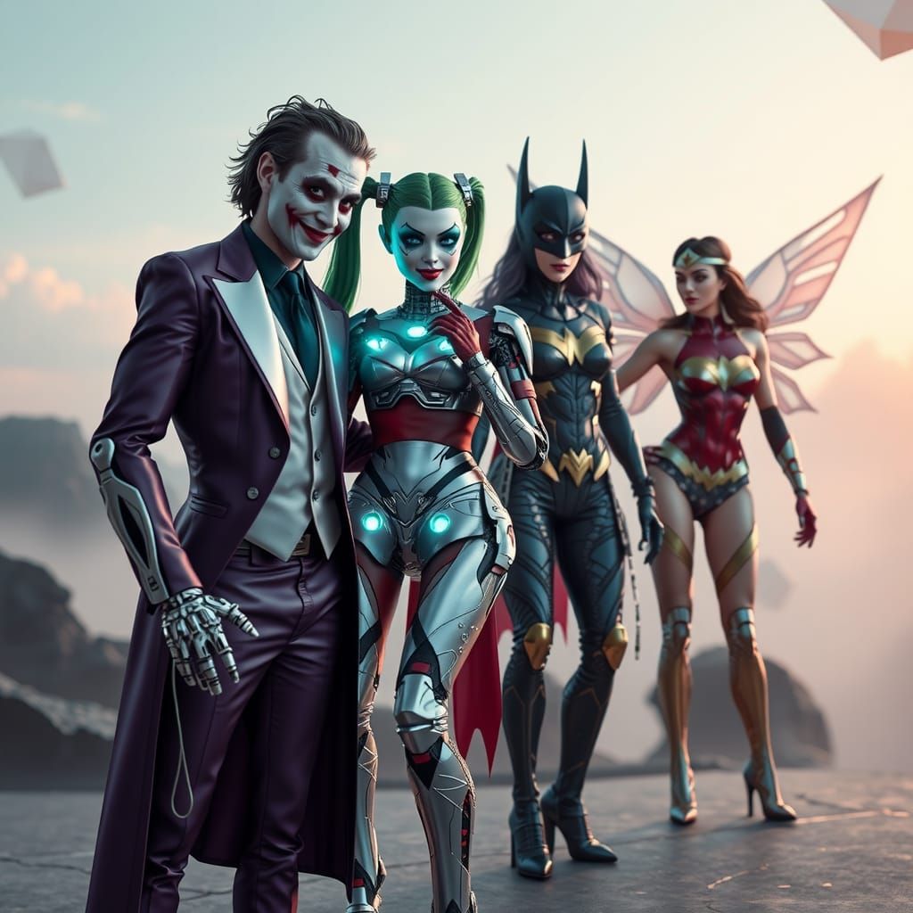 Futuristic Robot Joker with Cyborg Harley Quinn