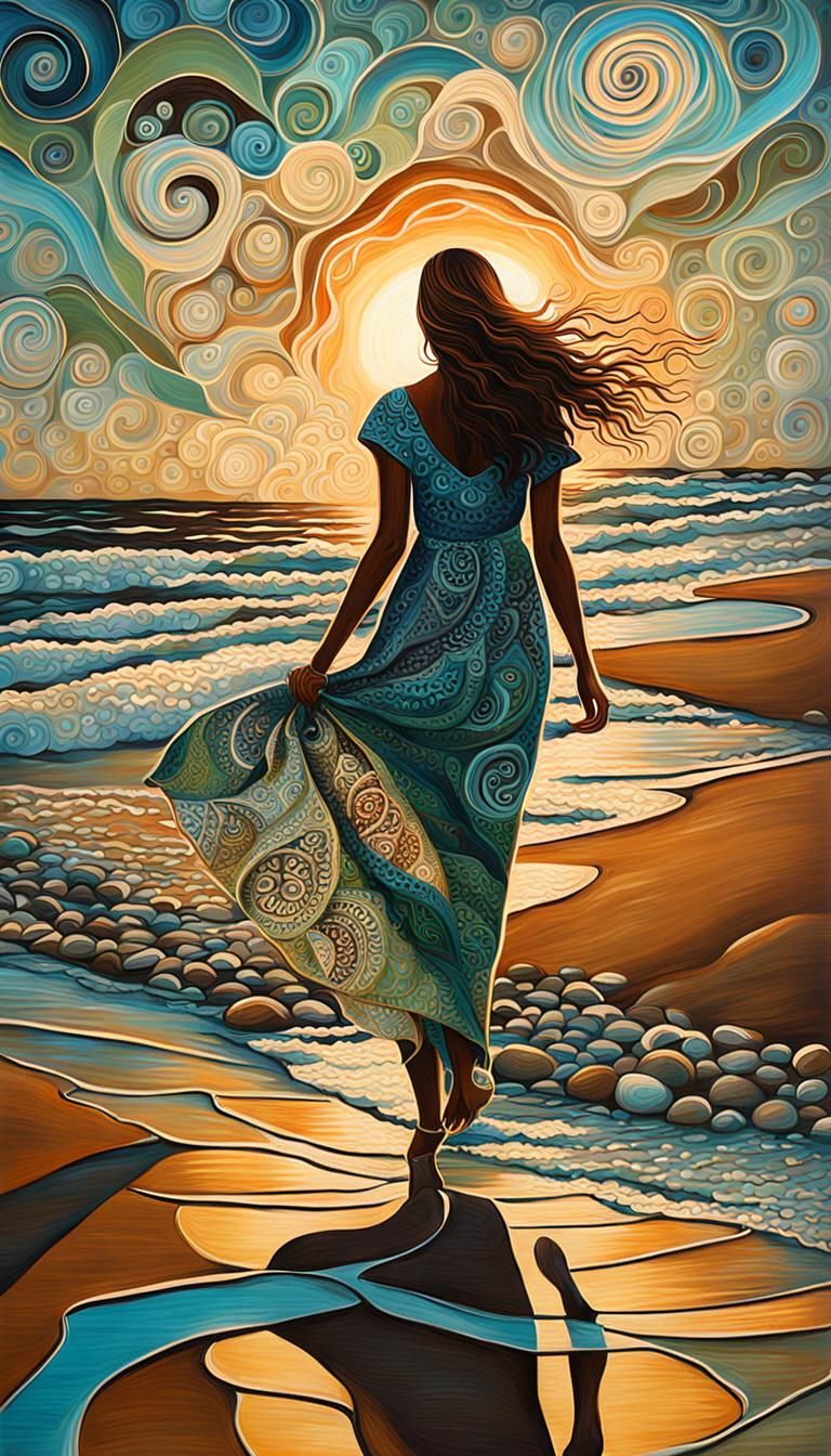 Sunset Beach Walk: Zentangle Oil Painting