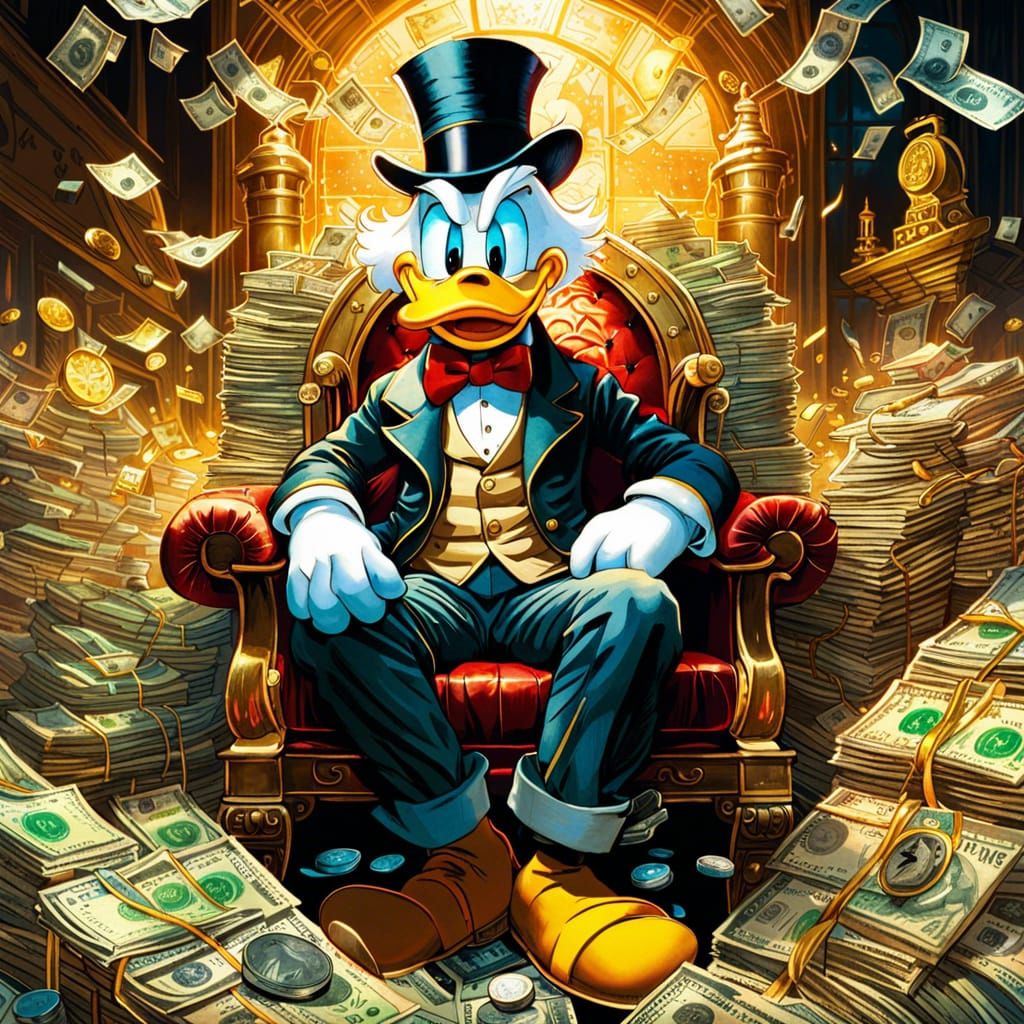 Scrooge McDuck on a Golden Throne, Watercolor Style