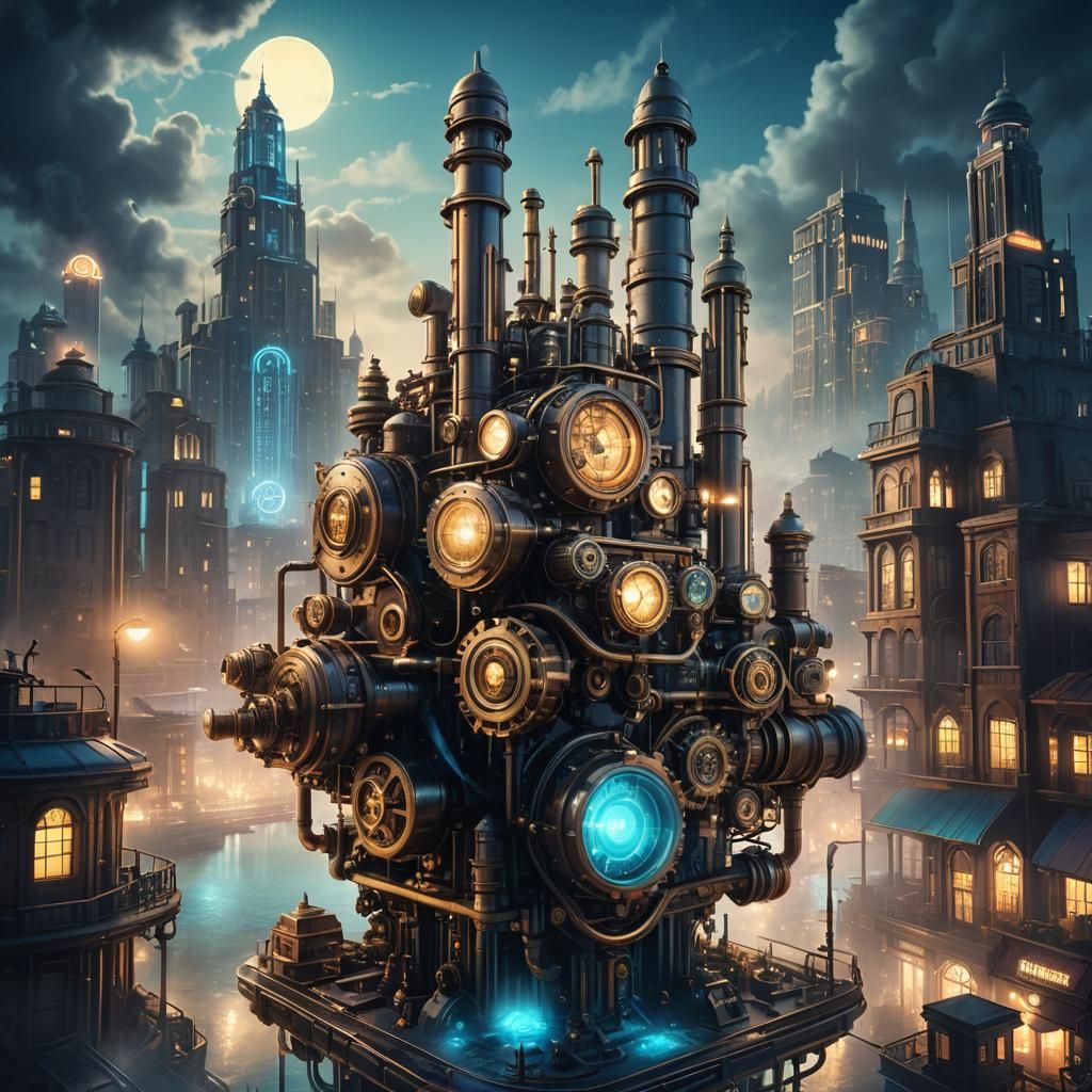 Steampunk Island Cityscape at Night in Art Deco Style