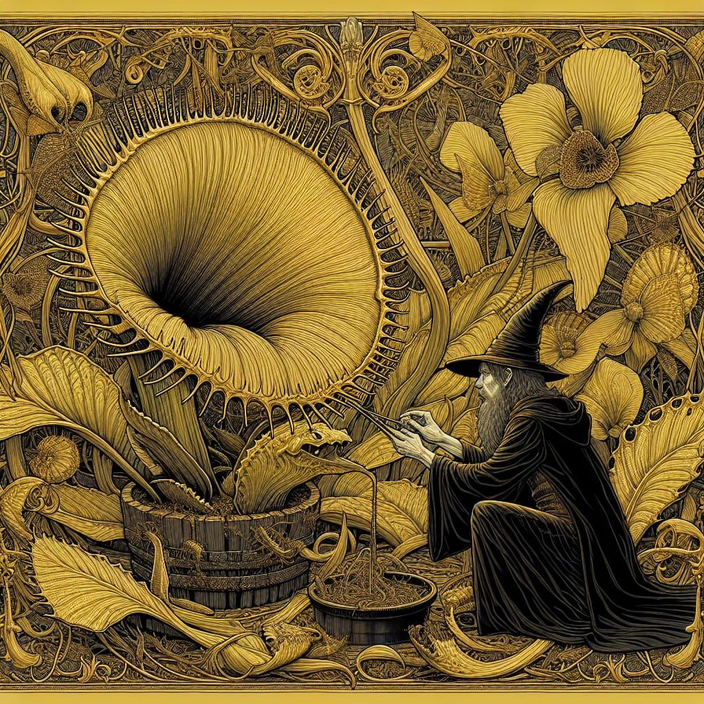 Wizard Nurturing Giant Flytrap in Digital Painting