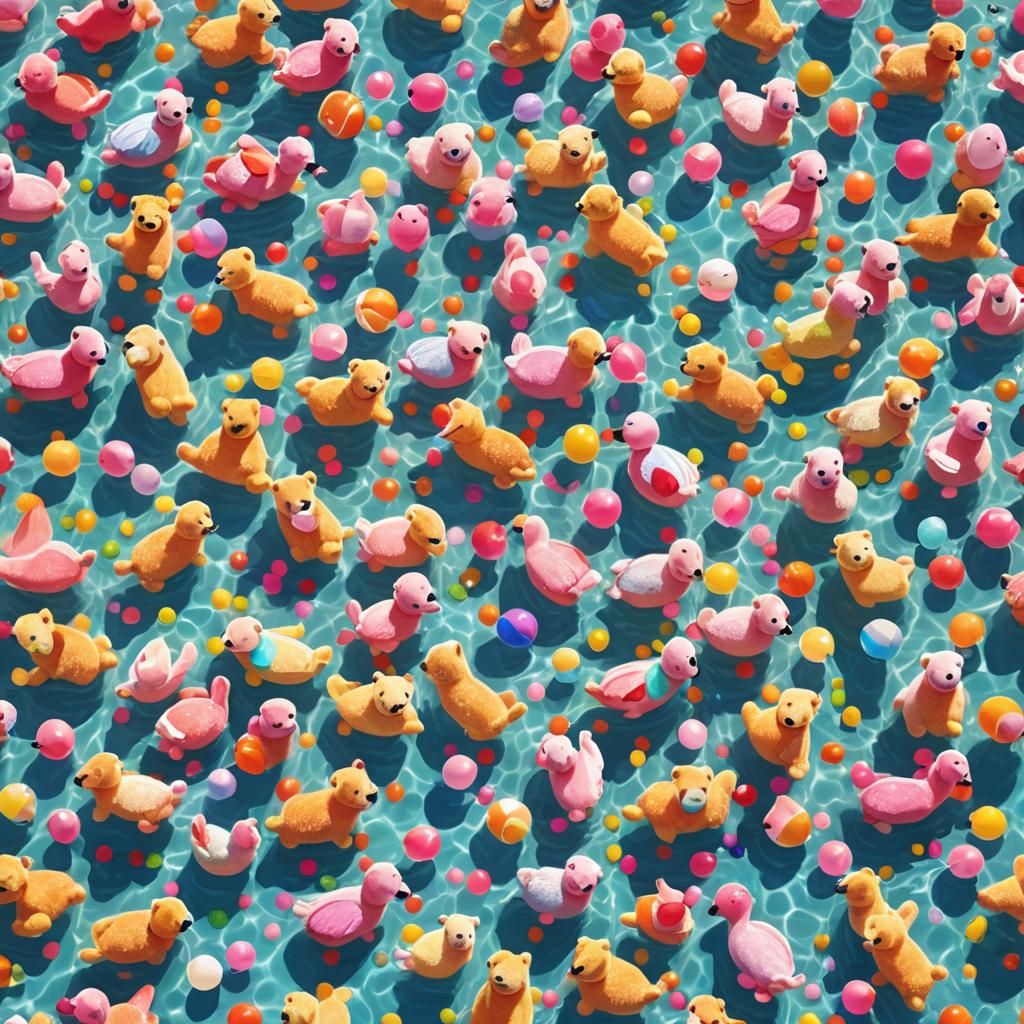 Rainbow Teddies in a Pool: Vibrant Digital Art
