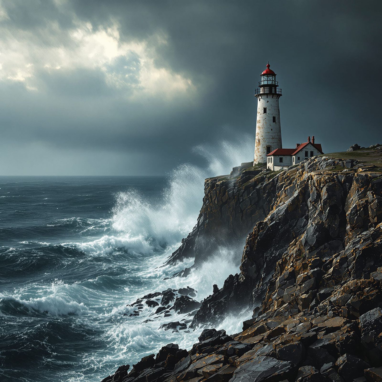 Weathered Lighthouse on Stormy Cliff Edge in Dramatic Style