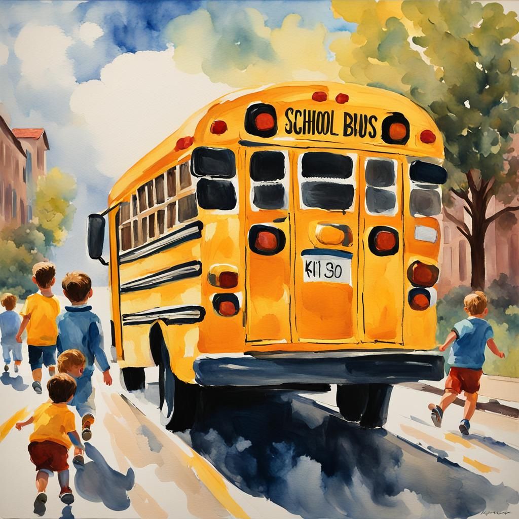 Yellow School Bus in Gouache Impressionist Style