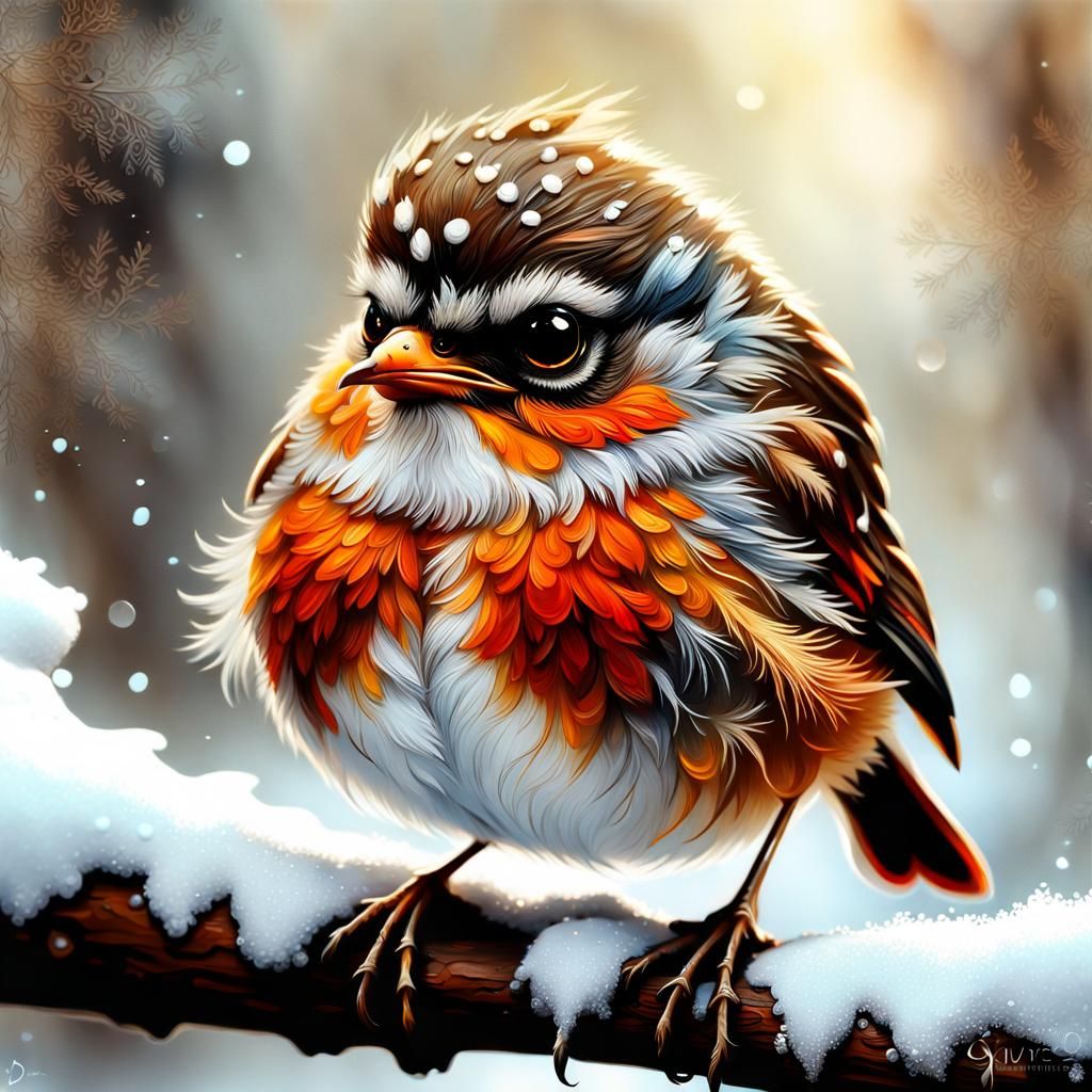 Fluffy Robin on Snowy Branch, Oil Painting