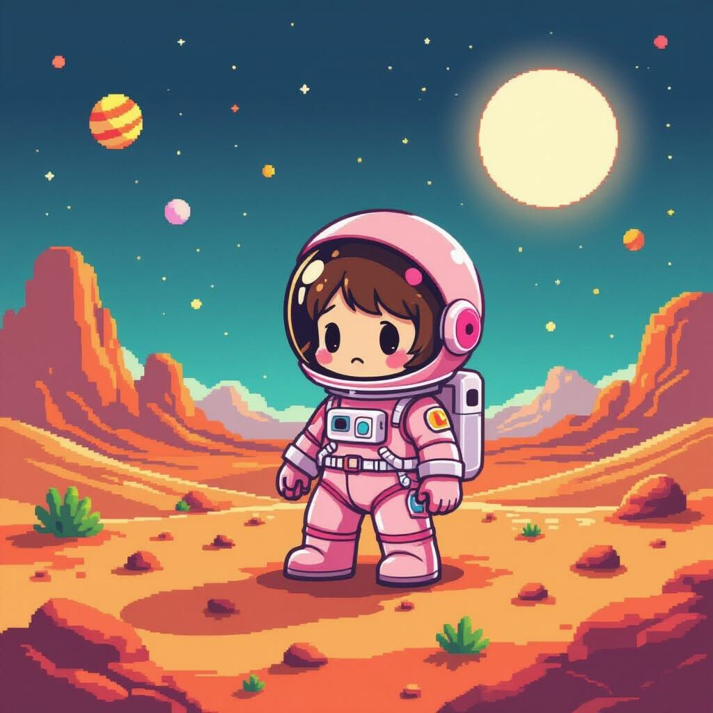 Kawaii Astronaut Stranded on Mars in Pixel Art Style