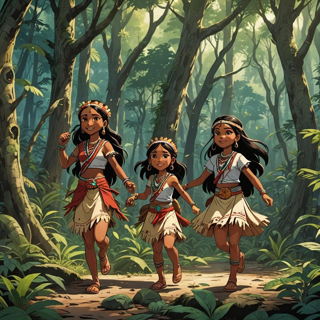 Taino Princesses Playing in Forest: Anime Style