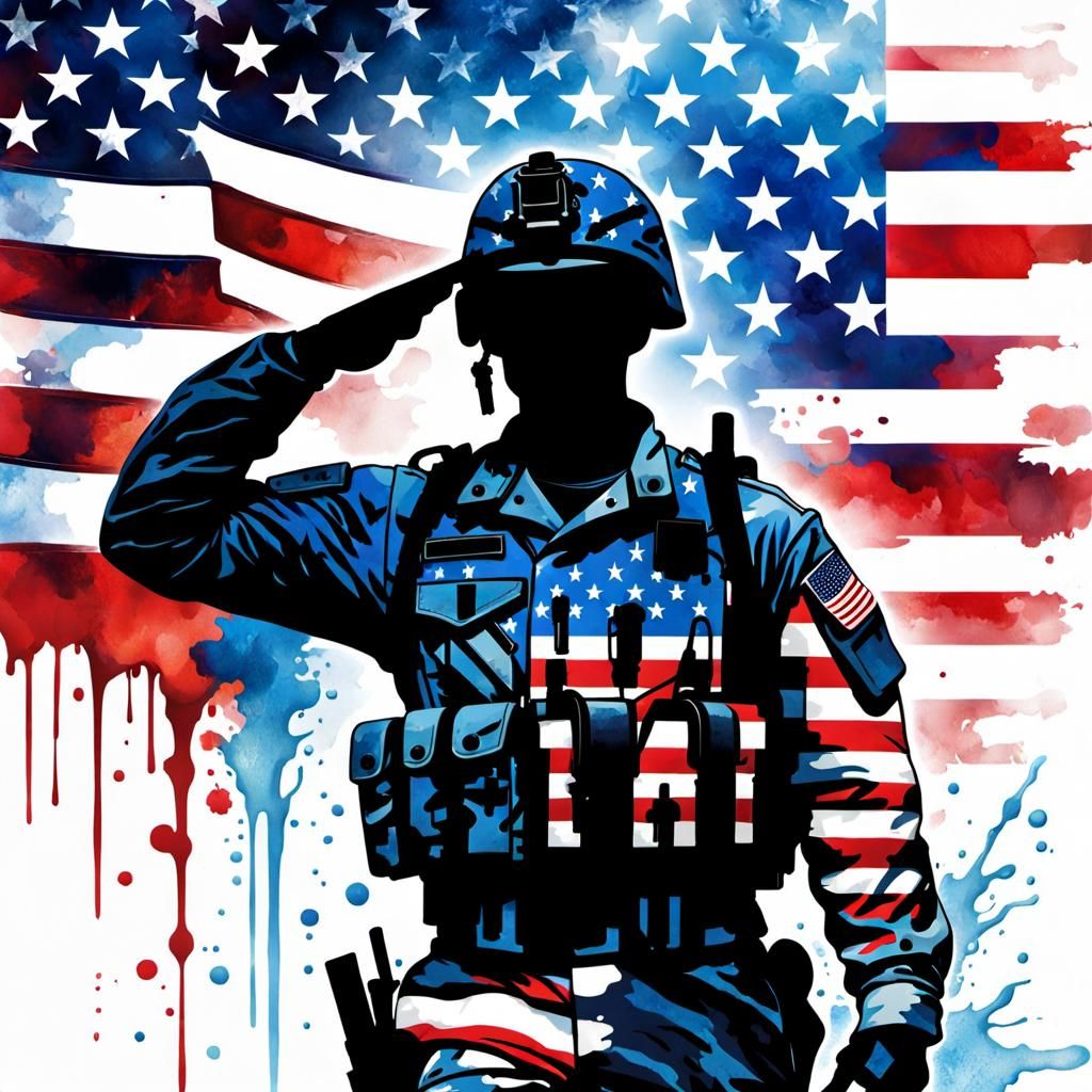 American Soldier Saluting in Watercolor Style