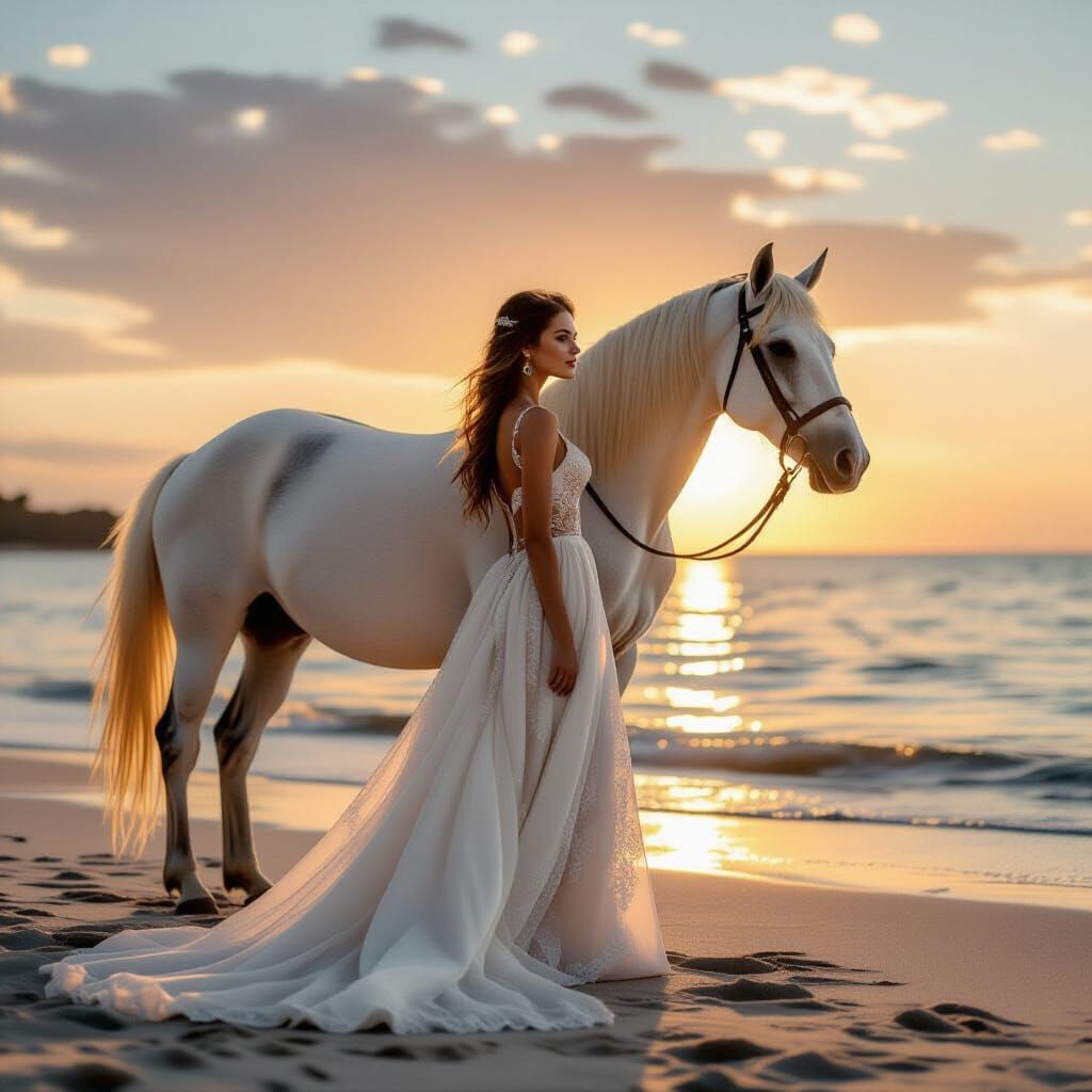 Elegant Woman and White Horse at Sunset