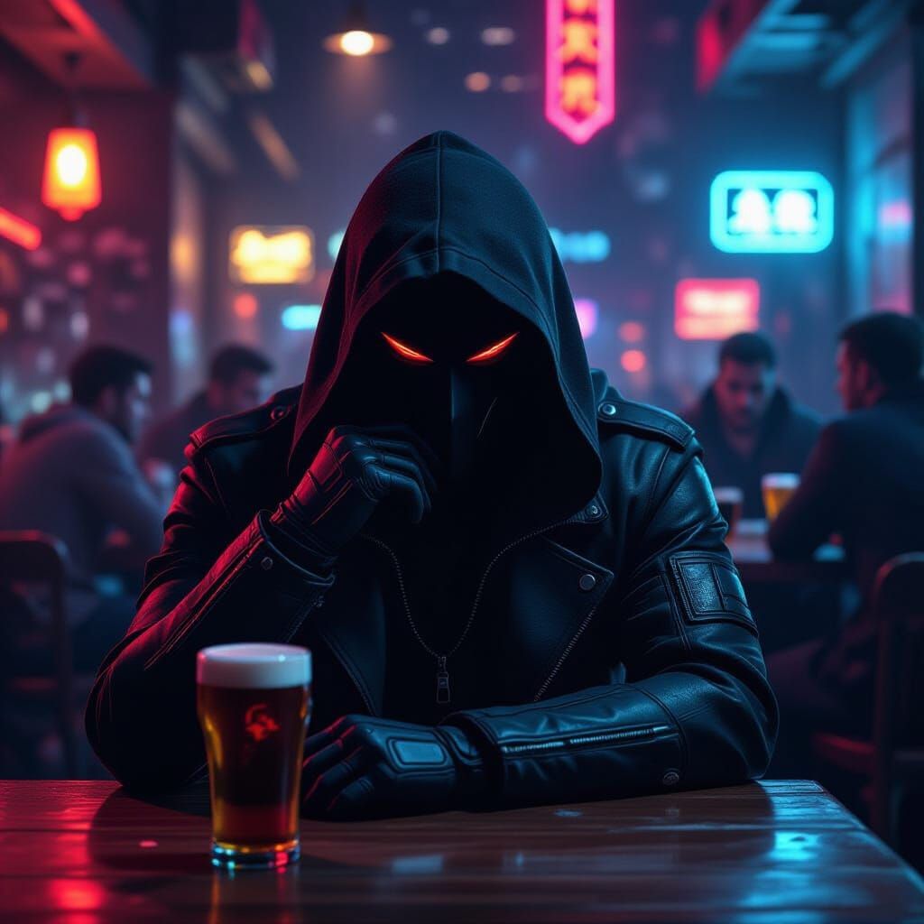 Cyberpunk Bar Scene with Hooded Figure