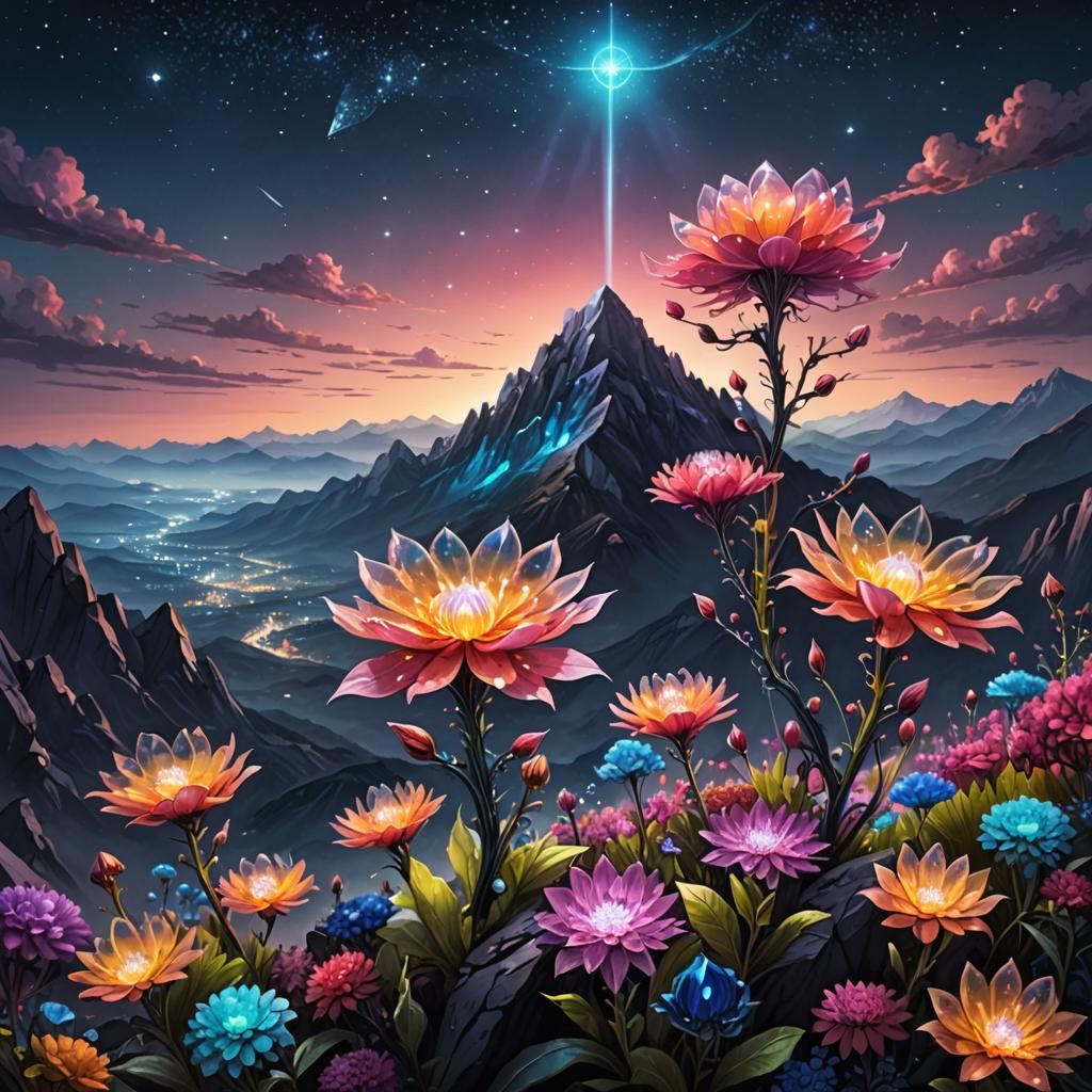 Crystal Glass Alien Flowers Bloom at Night